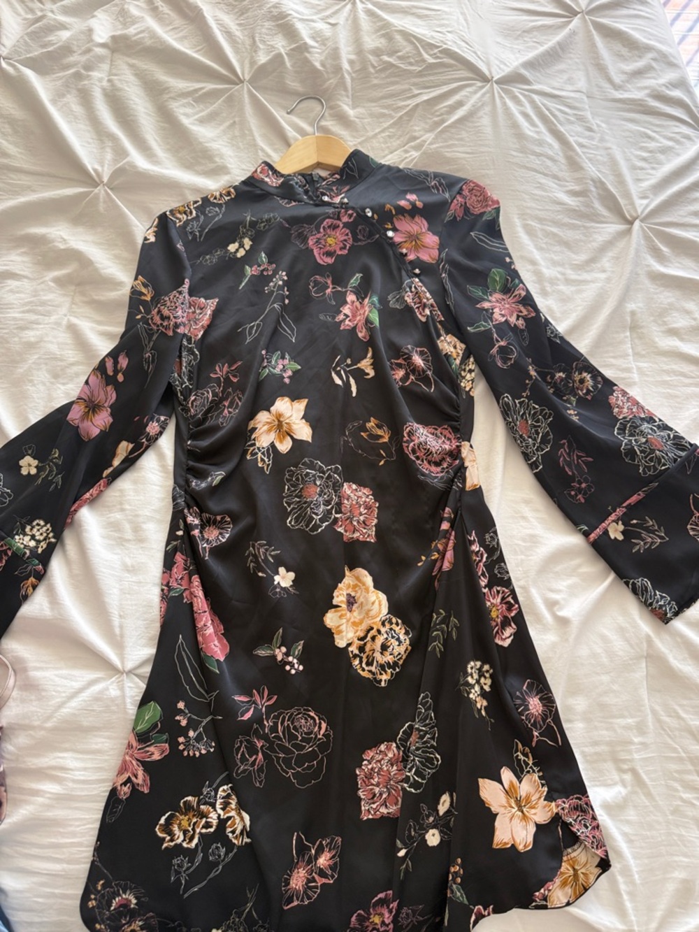 Zara Black Floral Satin Mini Dress with Pink and Yellow Blooms